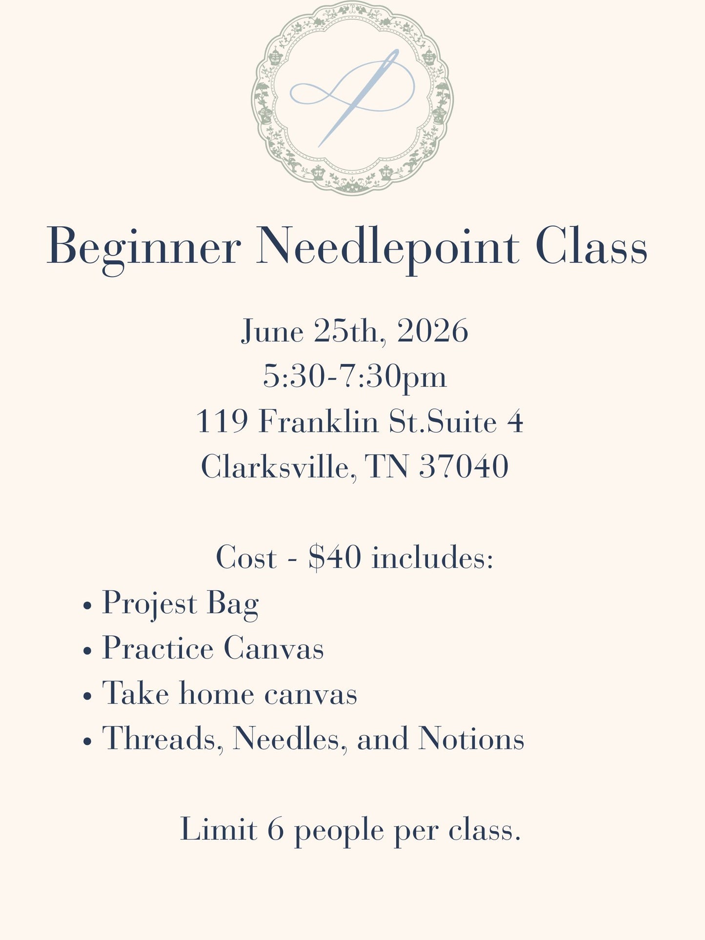Beginner Needlepoint Class - Weeknight June 25th